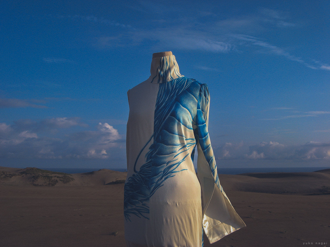 A hand painted dress on the beach.