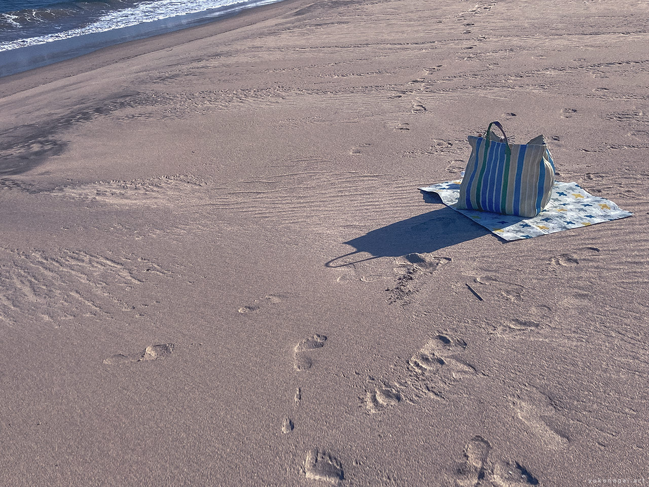 Picnic tote on a sunny beach.