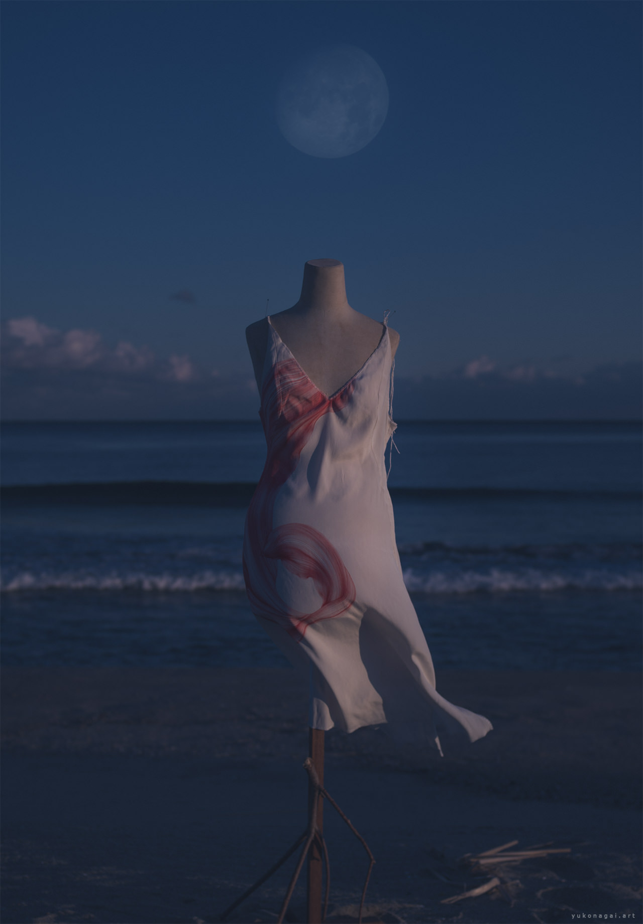 A dress with abstract lily petal on the beach under enlarged moon.